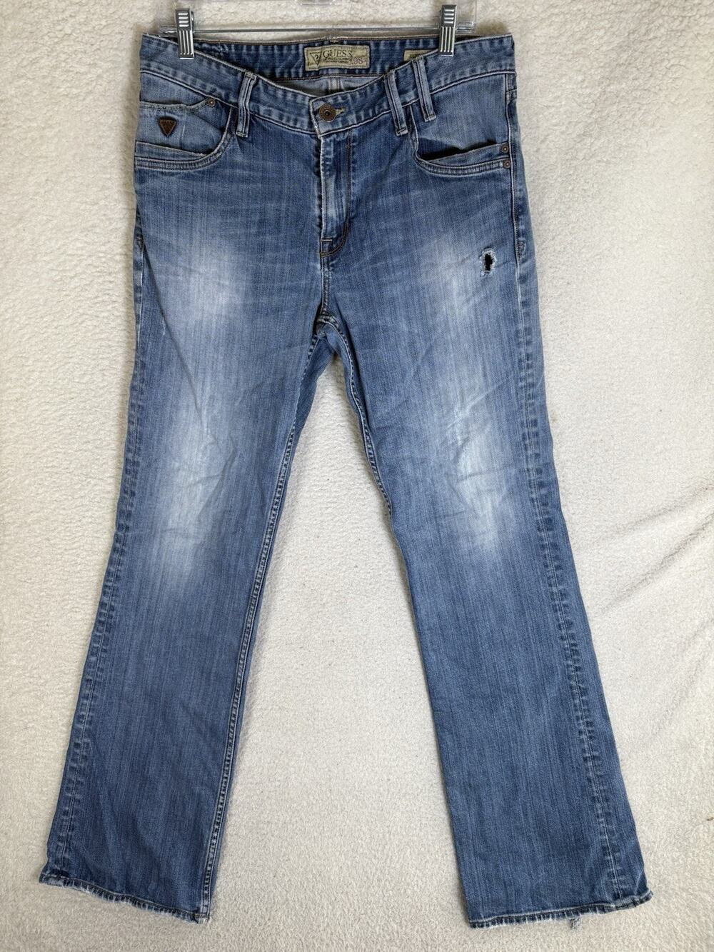 Guess Cliff Jeans Mens 34x32 Blue Boot Cut Washed Distressed Denim Faded